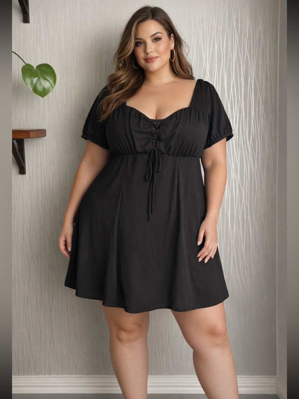 Hot Topic Black Lace Up Babydoll Mini Dress Puff Sleeve Women’s 2X Plus Size